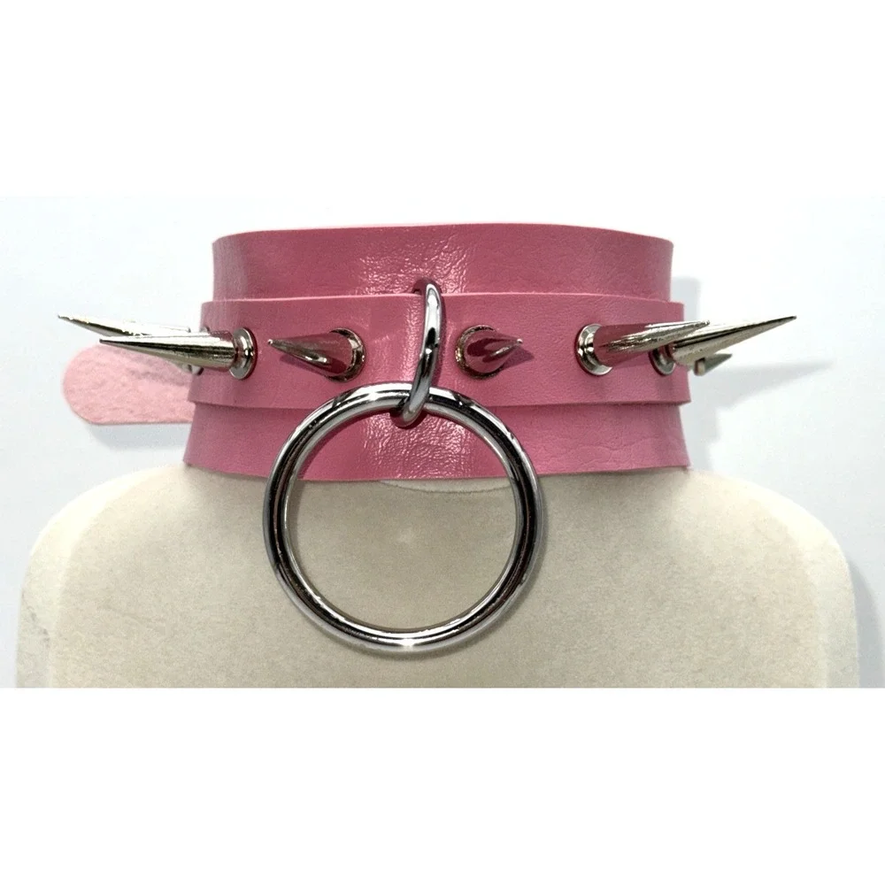 Pink Choker Necklace Gothic Punk Faux Leather‎ Metal Spikes O-Ring Collar Unisex
